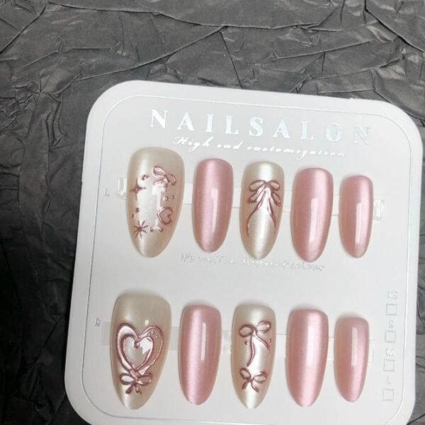 Pink Sweetheart Rose Gold Love Bow Press-On Nails - Short Almond