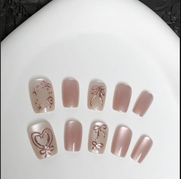 Pink Sweetheart Princess Style Wearable Press-On Nails - Rose Gold Bow & Heart Nail Art Stickers Pink Sweetheart Princess Style Wearable Press-On Nails - Rose Gold Bow & Heart Nail Art Stickers