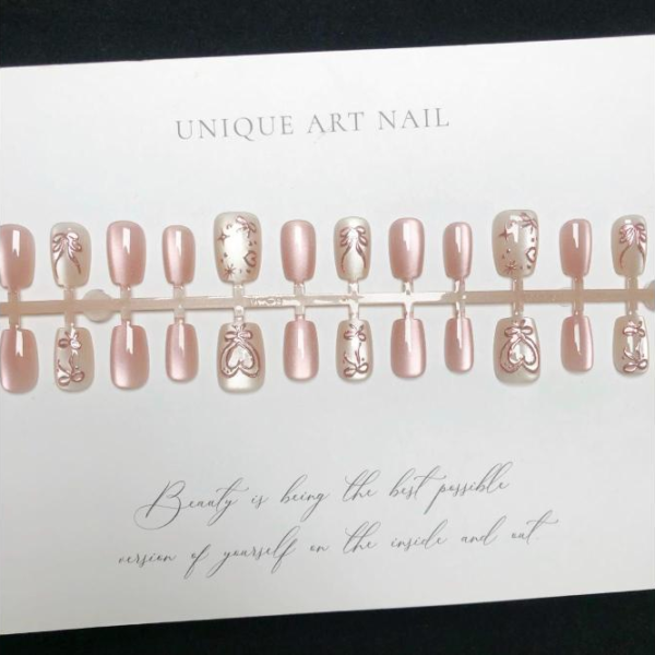 Pink Sweetheart Princess Style Wearable Press-On Nails - Rose Gold Bow & Heart Nail Art Stickers Pink Sweetheart Princess Style Wearable Press-On Nails - Rose Gold Bow & Heart Nail Art Stickers