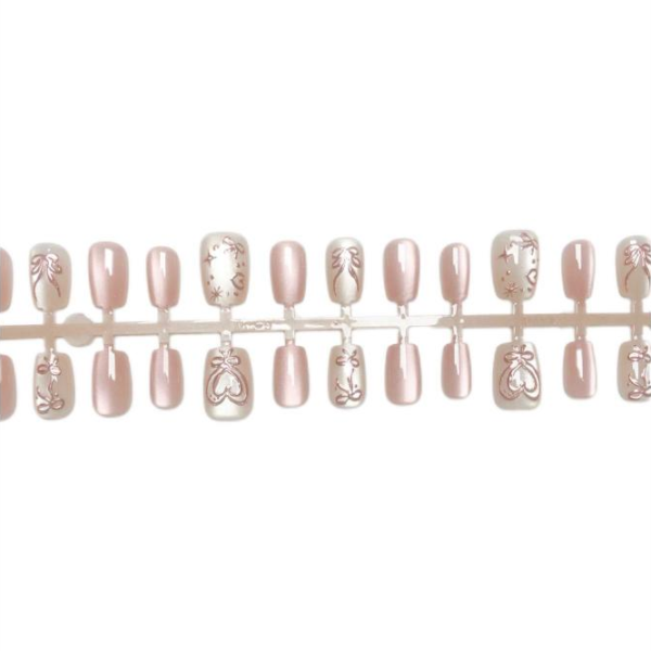 Pink Sweetheart Princess Style Wearable Press-On Nails - Rose Gold Bow & Heart Nail Art Stickers Pink Sweetheart Princess Style Wearable Press-On Nails - Rose Gold Bow & Heart Nail Art Stickers