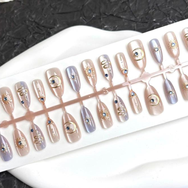 French Cat Eye Star Moon Totem Snake Wearable Nails with Rhinestones