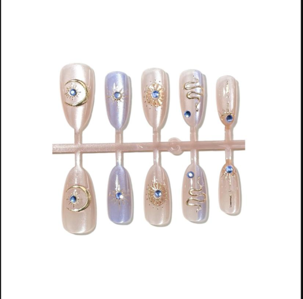 French Cat Eye Star Moon Totem Snake Wearable Nails with Rhinestones