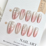 Pink Sweetheart Gold Bow Wearable Nails - Gentle Princess Nail Art Patch