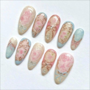 Rococo Court Style Rose Wearable Nails with Rhinestones