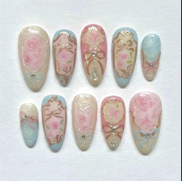 Rococo Court Style Rose Wearable Nails with Rhinestones