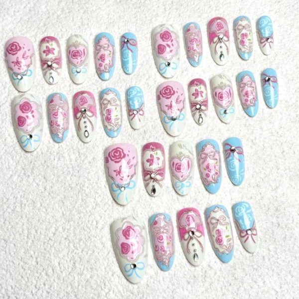 Rococo Court Style Rose Wearable Nails with Rhinestones