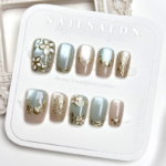 Blue Glass Bead Cat-Eye Nail Art with Gold Accents - Short Fairy Floral Press-On Nails