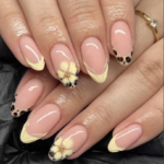 Cream Cheese Leopard Print French Wearable Nails with Milk Yellow Flowers