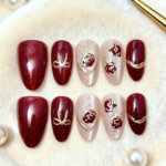 Christmas Pearlescent Gilt Rose Press-On Nails - Wine Red