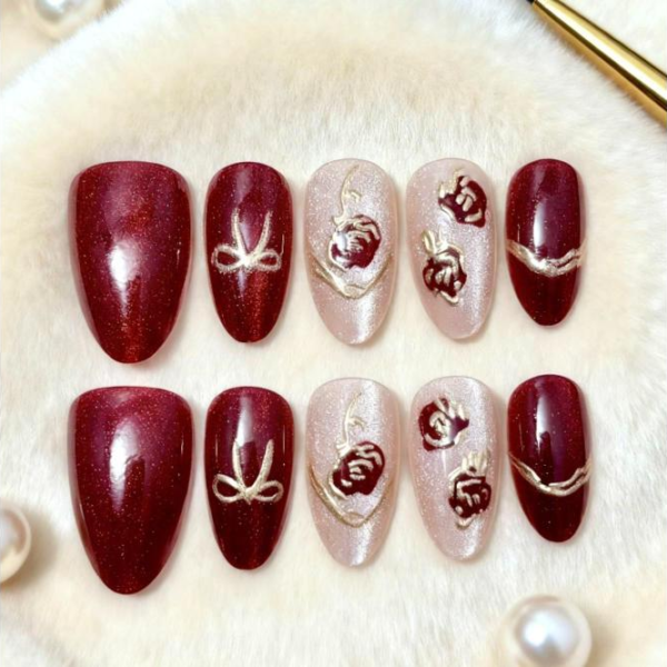 Christmas Pearlescent Gilt Rose Press-On Nails - Wine Red