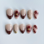 Red-Brown Leopard Print French Fishtail Wearable Nails with 3D Diamond Accents