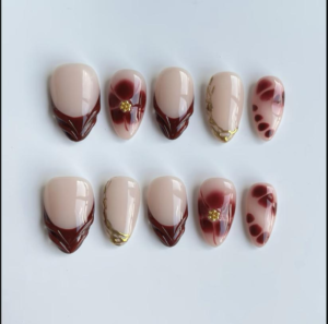 Red-Brown Leopard Print French Fishtail Wearable Nails with 3D Diamond Accents