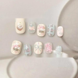 Ongles portables pour filles douces de style coréen de niche - Patchs pour ongles stéréo œil de chat avec nœud mignon