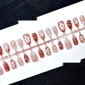 Resin Amber Melard Gradient Wearable Nails - Short Almond 3D Rhinestone Floral