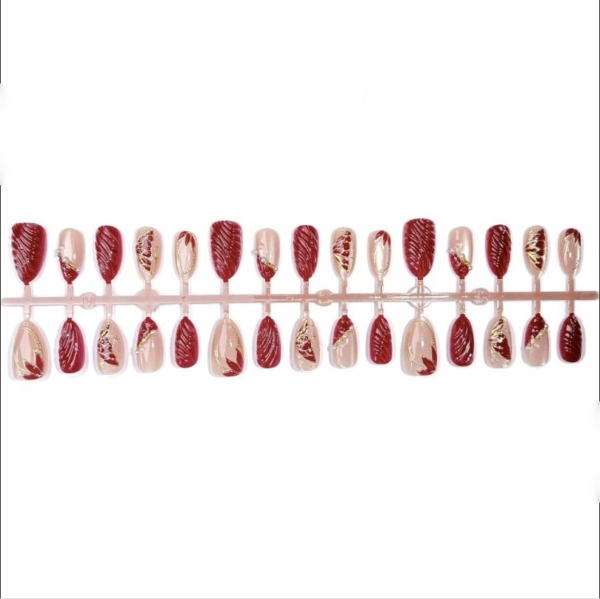 Wine Red Gilt Flower Press-On Nails - Short Almond