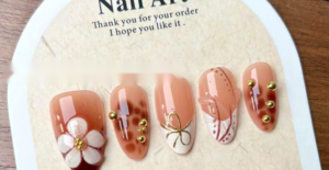 Époxy Amande Ambre Fleur Ongles portables - Français Patchs de manucure tachés d’automne