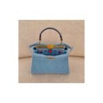 Blue Embroidered Structured Top-Handle Bag