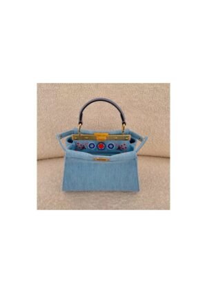 Blue Embroidered Structured Top-Handle Bag