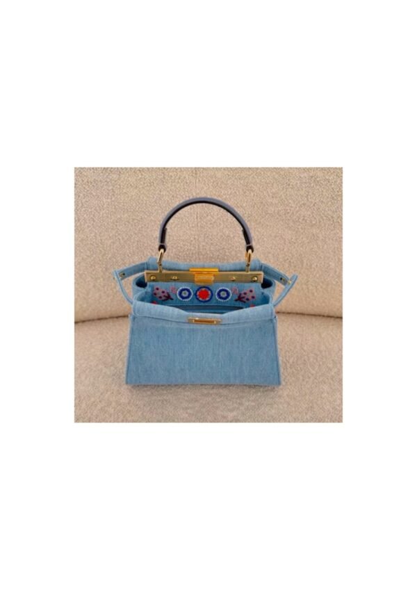 Blue Embroidered Structured Top-Handle Bag