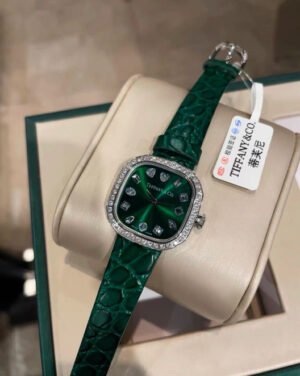 Green Strap Cushion Crystal Watch